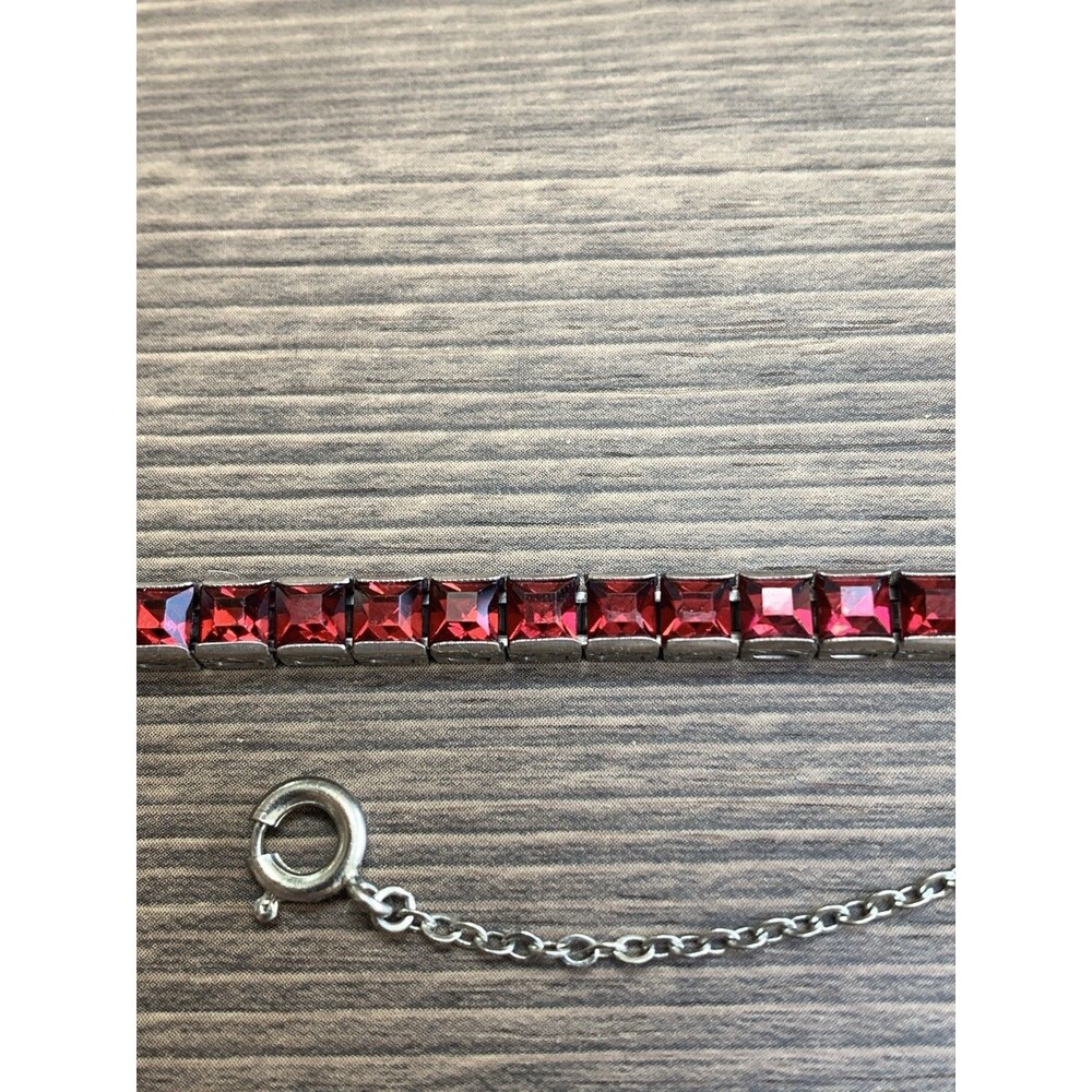 Vintage Red Rhinestone Tennis Bracelet 925 Sterling Silver Square Cut 7" - Picture 12 of 15
